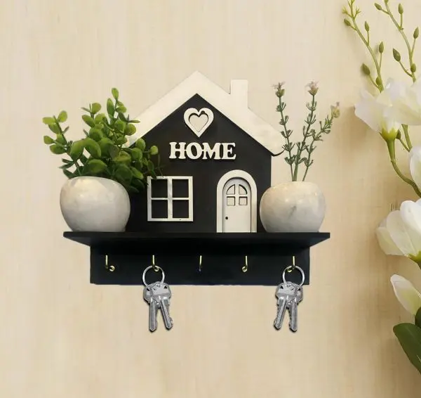 White Home with Long Base Wooden Wall Key Hanger, Beautiful and Simple Design Cute Home Cutout Wall Decor with 5 Hooks