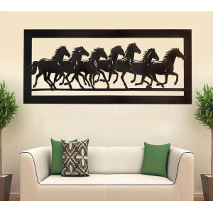 Seven Horse Long Wooden Wall Art for Good Luck and fortune In Black 4 Feet
