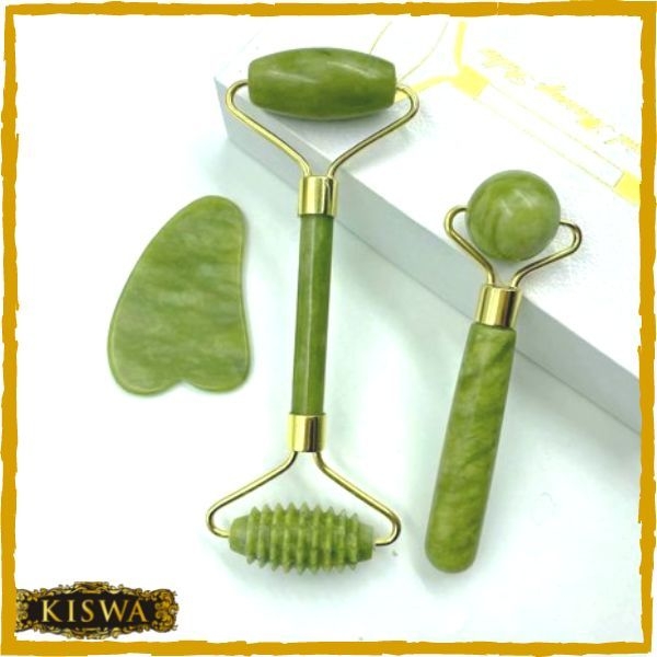3pcs Set Facial Jade Stone Roller & Gua Sha Board Body Neck Massage Tool - Image 2