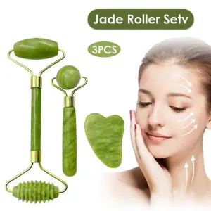 3pcs Set Facial Jade Stone Roller & Gua Sha Board Body Neck Massage Tool