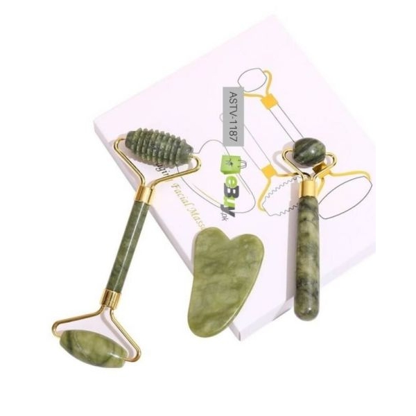 3pcs Set Facial Jade Stone Roller & Gua Sha Board Body Neck Massage Tool - Image 3