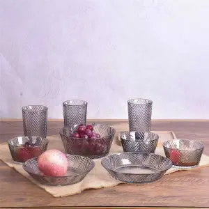 NepLiving Transparent Stripe Glass Bowl and Glasses for Home, Restaurants (850ml*1, 400ml*3, 19.2cm*2, 350ml*3)