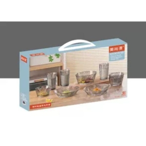 NepLiving Transparent Stripe Glass Bowl and Glasses for Home, Restaurants (850ml*1, 400ml*3, 19.2cm*2, 350ml*3)