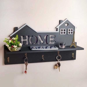 Black Home Design Wooden Wall Shelf with 5 Key Holder