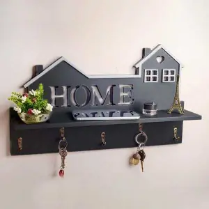 Black Home Design Wooden Wall Shelf with 5 Key Holder