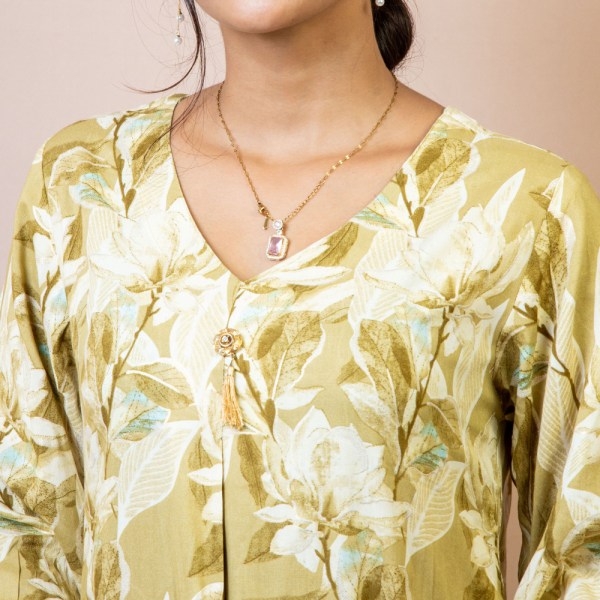 Bisesh Creation Mehandi Green Single Button Umbrella Kurtha Pant Set Printed For Women - Image 3