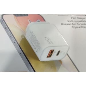 45W Turbo Power Adapting Fast Charging Qualcomm 3.0 Quick Charge Genuine 2 Pin Wall Charger (1USB /1 PD) With 1M USB To TC Cable