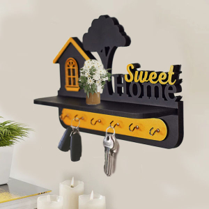 Sweet Home Wooden Wall Self 5 Hook Key Holder in Matt Black