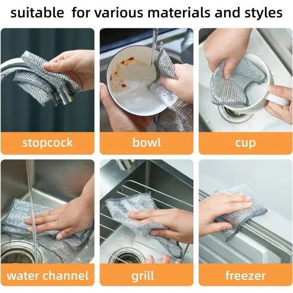 Redclip Multifunctional Non-Scratch Wire Dishcloth, Silver Wire Mesh Knit Cleaning Cloth Wire Dishwashing Rags Wire Cleaning Cloth Wire Dish Towels for Kitchen, Sinks, Pots, Pans 5pc set (30cm*30cm) - Image 4