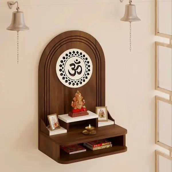 Roval Temple Wooden Home and Office Mandir Wall Mounted Pooja Stand Simple and Beautiful for Standard Frame and Idol with Removable Plank in Brown and White - Image 2