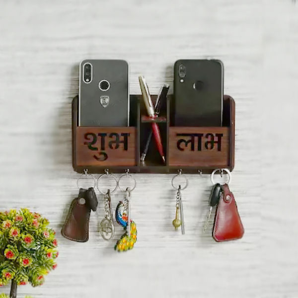 Subh Labh Wooden 6 Hook Key Holder Home Office Decor in Brown - Image 2