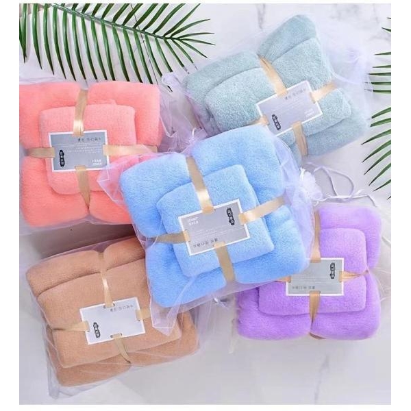 2 in 1 Set Colorful Bathroom Towels Set Coral Fleece High Density Microfiber Bath Face Towel - Image 2