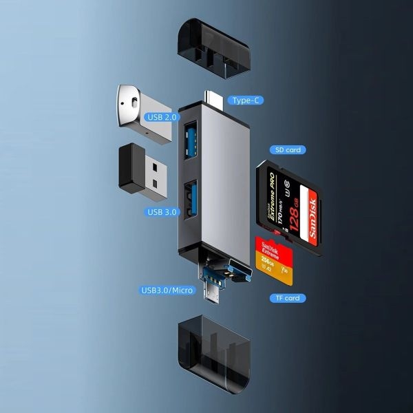 USB OTG Hub YESPLUS YS-1415 Multi-Function Card Reader USB/Type-C/Micro + SD/MicroSD Gray - Image 4