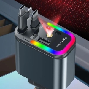 5-in-1 Car Charger 120W Fast USB-C Adapter LED Ambient Light Multiple Ports 180° Rotating