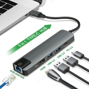 5 in 1 USB-C To HDMI+3*USB 3.0 A+PD Power Converter