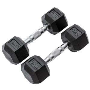 5 Kg Rubber Hex Dumbbell Set (Pair) - Home Gym Equipment | Rubber Coated Silver Chrome Cast Handle Dumbbell - 5KG - 1 Pair
