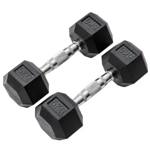 5 Kg Rubber Hex Dumbbell Set (Pair) - Home Gym Equipment | Rubber Coated Silver Chrome Cast Handle Dumbbell - 5KG - 1 Pair