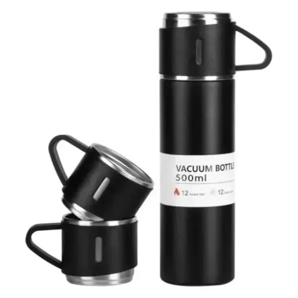 500ml Stainless Steel Thermo With 3 Cup | Vacuum Flask Set Stainless Steel Water Bottle Thermos With Extra 2 Lids (Color May Vary) - Image 2