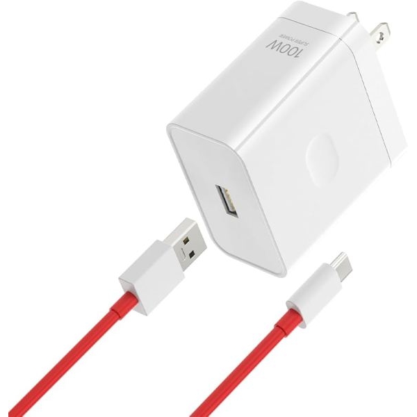 White OnePlus 100W Mobile Charger With Dash Type-C Cable Red - Image 2