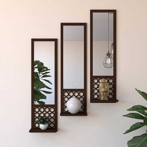 Mirror Shelf Wooden Pot Holder Home Office Wall Decor In Brown 1 Pcs  Wooden Wall Mounted Pot Holder with Mirror