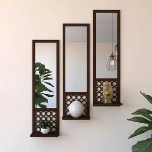 Mirror Shelf Wooden Pot Holder Home Office Wall Decor In Brown 1 Pcs  Wooden Wall Mounted Pot Holder with Mirror