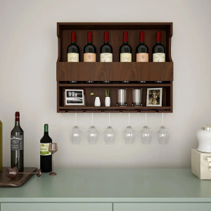 Big Wine And Drinks Decorative Wooden Wall Shelf Mini Bar Cabinet with LED Strong and Wall Hanging in Walnut Finish