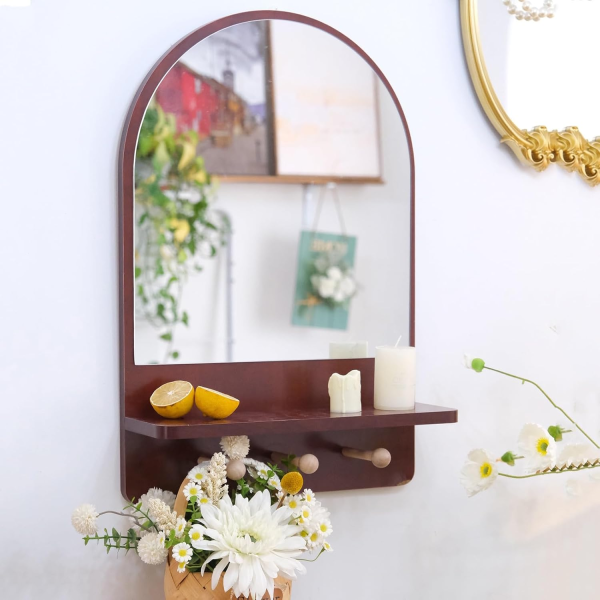 Domed Mirror Shelf Wooden Frame Wall Mirror Arched Wall Mount Decorative Storage Vanity Mirror for Bedroom Entrance Living Room Hallway 30x50cm - Image 3