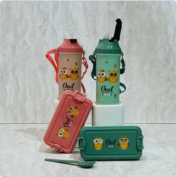 Mamubox Owl Lunch Box with Water Bottle Set || Leak Proof Airtight Lunch Box(PINK)