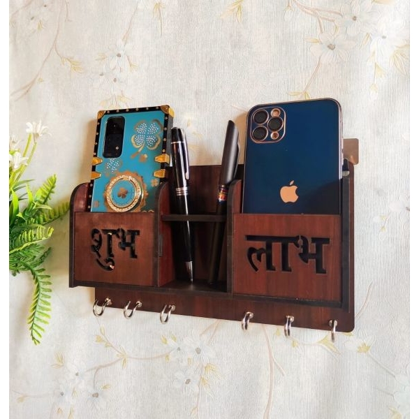 Subh Labh Wooden 6 Hook Key Holder Home Office Decor in Brown - Image 4