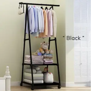 Multifunction Clothes Triangle Coat Rack Removable Bedroom Rack With Wheels - Black