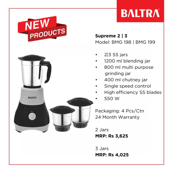 BALTRA Mixer Grinder | Supreme 3 | 550 Watt | 1200 ml Blending Jar | 800 ml grinding jar | 400 ml chutney jar | 24 months warranty - Image 2