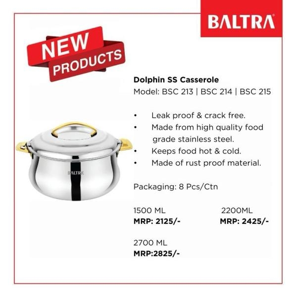 BALTRA SS Casserole | Dolphin | 1500 ML | BSC 213 | Leak Proof & crack free | Made from High quality food grade Stainless Steel | Rust Proof Material | Keeps Food Hot & Cold - Image 2