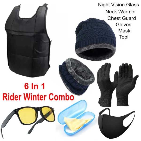 6 In 1 Men Essential Winter Combo Set Of Chest Guard Woolen Topi Neck Warmer Windproof Gloves Night Vision Glass & Mask - Image 2