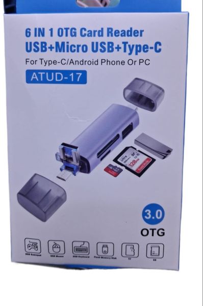 6 in 1 OTG Card Reader with USB Lightning and Type-C – Ideal for Camera Monitor Printer and More