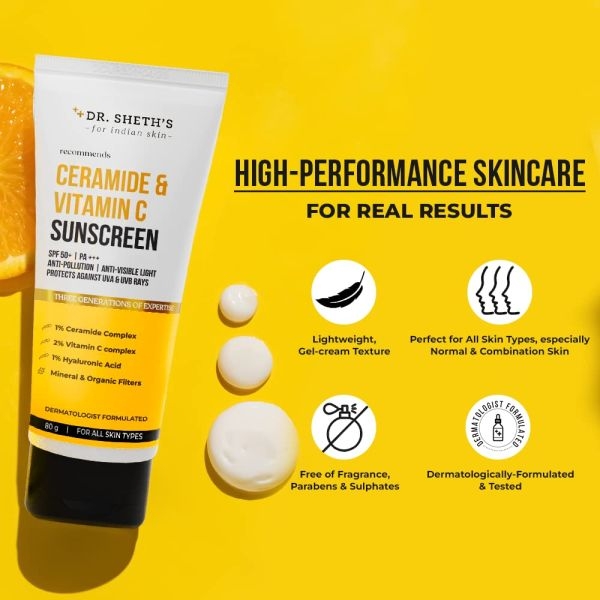 Dr. Sheth's Ceramide & Vitamin C Sunscreen SPF 50+ PA+++ For Women & Men | UVA UVB Sun Protection | 80g - Image 5