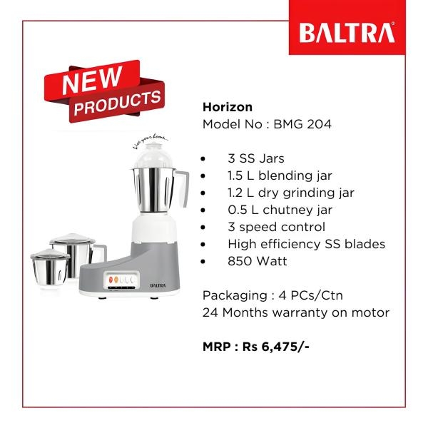 BALTRA Horizon Mixer | 850 Watt | 1.5 L SS liquid jar | 1.2 L SS Dry Jar | 700 ml chutney jar | Harmonic Grinding technology | Swirl Control Replaceable blades Double Oil seal | inbuilt flow Breakers | 3 speed control | Overload protection for motor - Image 2