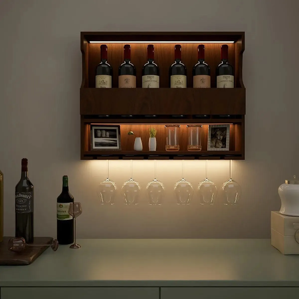 Big Wine And Drinks Decorative Wooden Wall Shelf Mini Bar Cabinet with LED Strong and Wall Hanging in Walnut Finish - Image 3