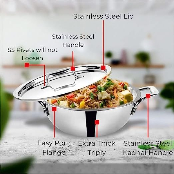 BALTRA Kadhai | Triply | 28cm | Tri layer SS cookware | Strong and durable extra thick gauge | Easy to clean | Sturdy handle | 5 year warranty - Image 4