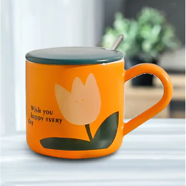 KOJA Ceramic Creative Tulip Ins Style Cute Couple Water Mug With Lid & Spoon - Image 5