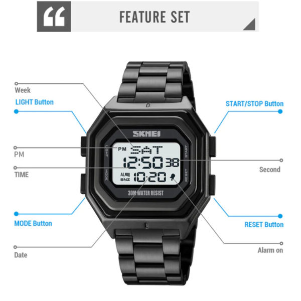 SKMEI 1875 Men's Multifunction Rectangle Digital Stainless Steel Watch - Image 7