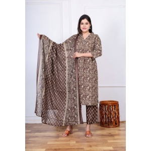 Bisesh Creation Brown V-neck Floral Printed Front Pleated Kurta Pant Shawl Set For Women