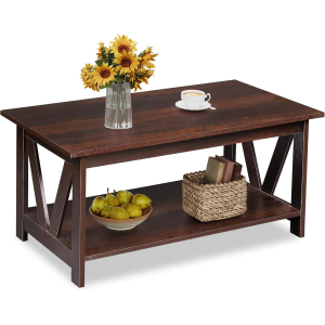 Veera Coffee Table for Living Room, 40" Center Table with V-Frame Support & Storage Shelf, 2-Tier Wood Coffee Tables for Bedroom & Balcony