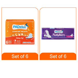 PADelux Sanitary Pads Comfort Nights 6pcs Set of 6 + PADelux Pantyliners 155mm 20 Liners Set of 6
