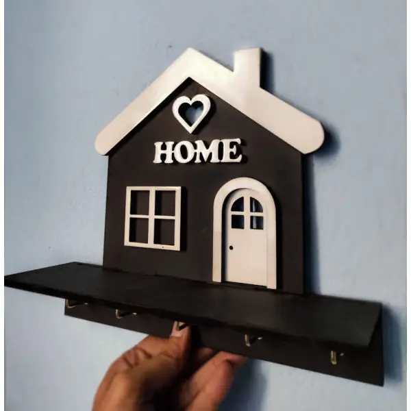 White Home with Long Base Wooden Wall Key Hanger, Beautiful and Simple Design Cute Home Cutout Wall Decor with 5 Hooks - Image 3