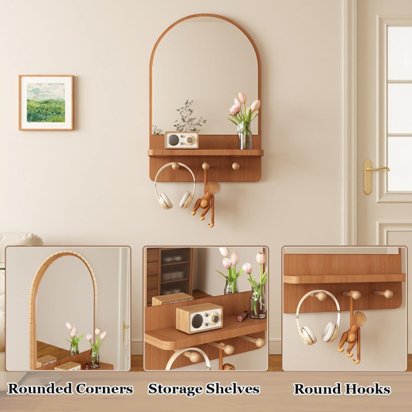 Domed Mirror Shelf Wooden Frame Wall Mirror Arched Wall Mount Decorative Storage Vanity Mirror for Bedroom Entrance Living Room Hallway 30x50cm - Image 4