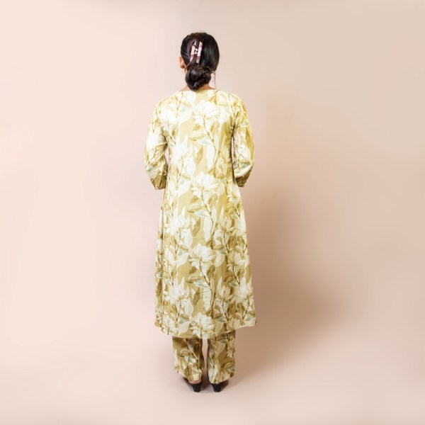 Bisesh Creation Mehandi Green Single Button Umbrella Kurtha Pant Set Printed For Women - Image 2