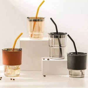 Slub Glass Coffee Mug with Straw Green Tea Sipper Tumbler Mug with Lid - Pack of 1- Travel Mug,Drinking Glass,Glass Sipper,Mason Jar,Can Sipper,Milk Mug,Juice Cup .