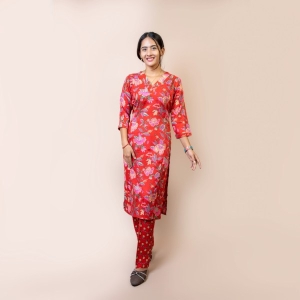 Bisesh Creation Red V-neck Jari Dhari Floral Printed Straight Kurta Pant Co-ord Set For Women