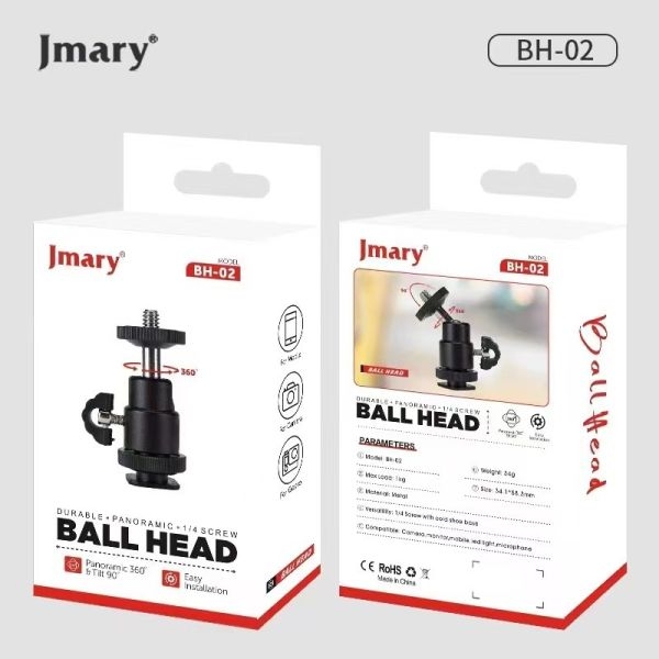JMARY BH-02 Ball Head Holder Mount – 360° Rotation, 90° Tilt, Lightweight, 1/4" Screw for Cameras & Smartphones, Hot Shoe for Microphones & Lights - Image 6