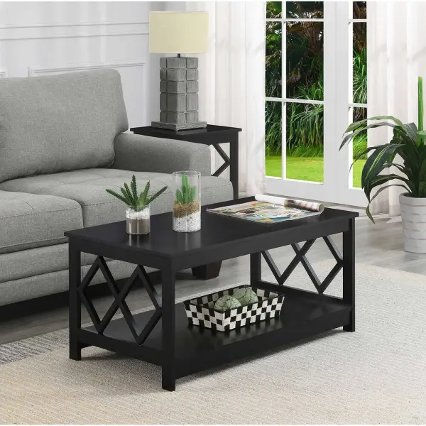 Black Diamond Coffee Table for Living Room, 40" Center Table with Strong Frame Support & Storage Shelf, 2-Tier Wood Coffee Tables for Bedroom - Image 4